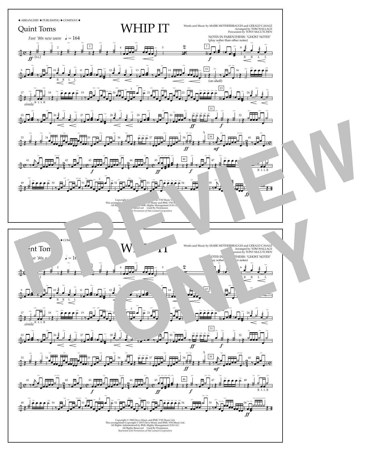 Tom Wallace Whip It - Quint-Toms sheet music notes and chords arranged for Marching Band