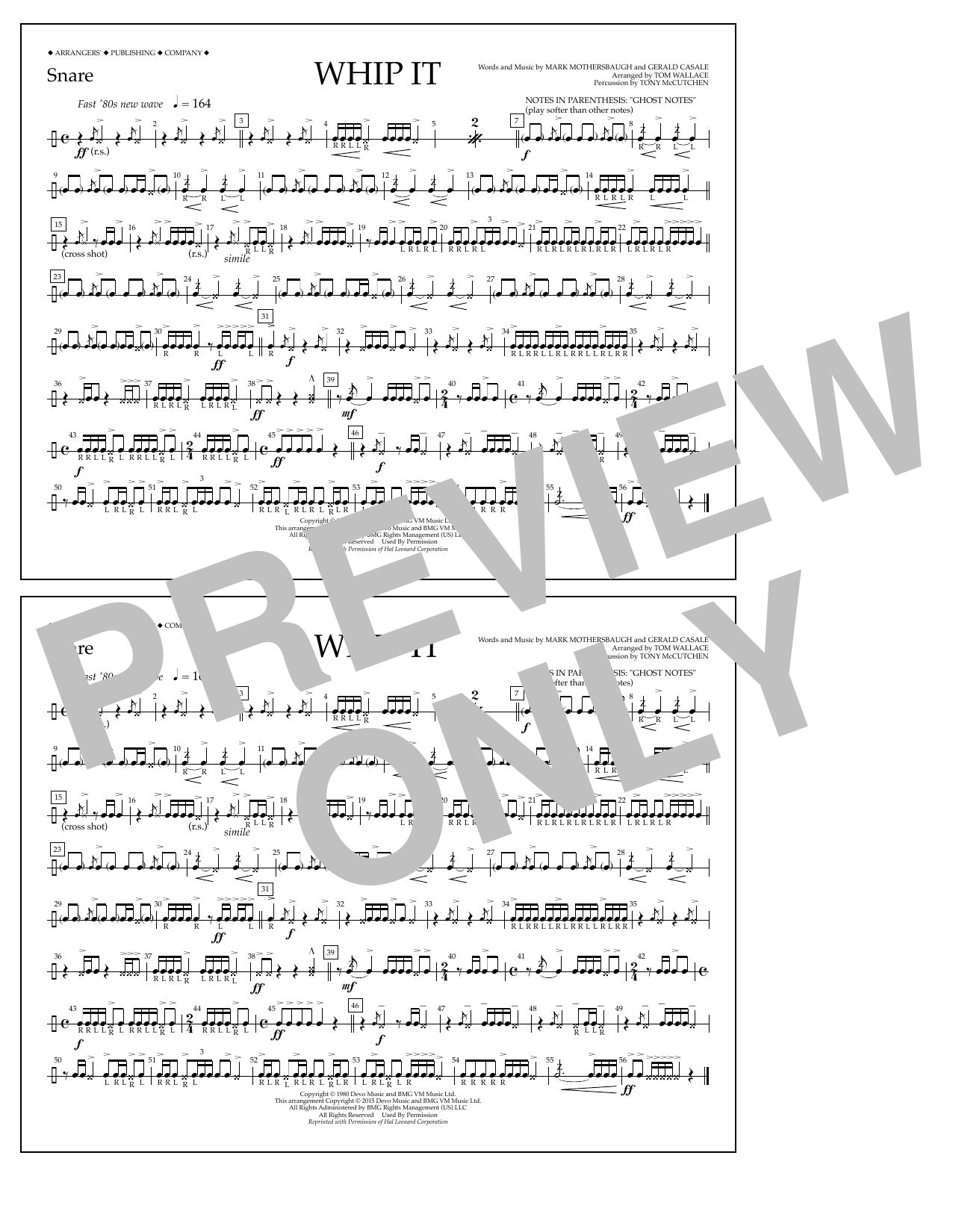 Tom Wallace Whip It - Snare sheet music notes and chords arranged for Marching Band