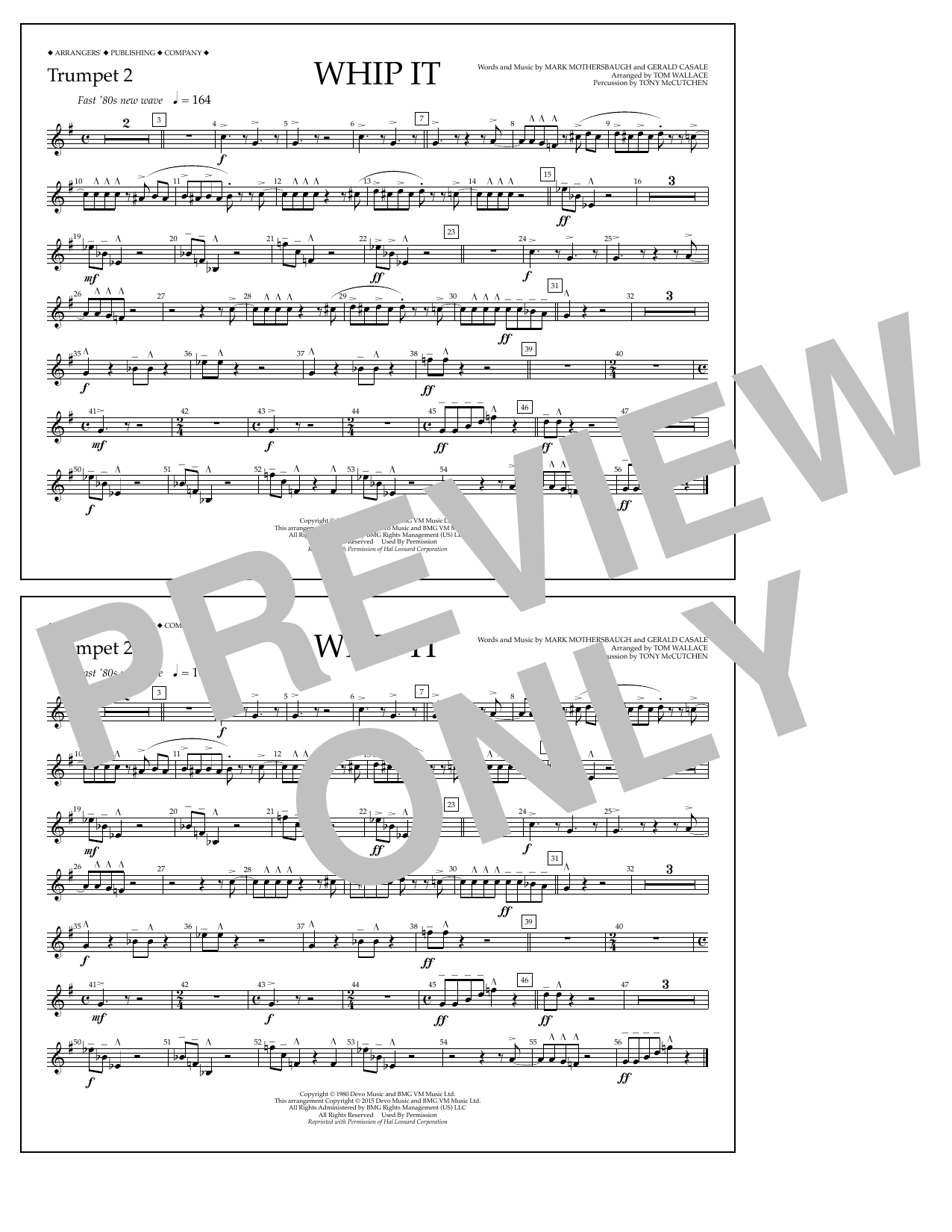 Tom Wallace Whip It - Trumpet 2 sheet music notes and chords arranged for Marching Band