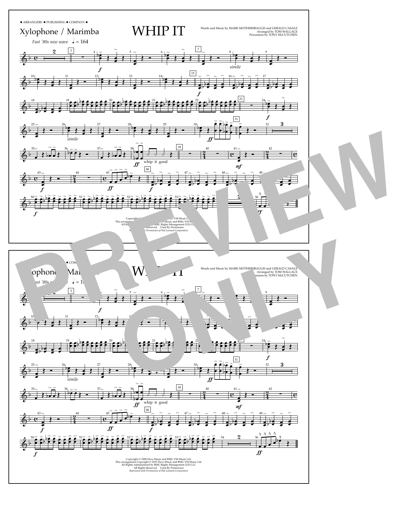 Tom Wallace Whip It - Xylophone/Marimba sheet music notes and chords arranged for Marching Band