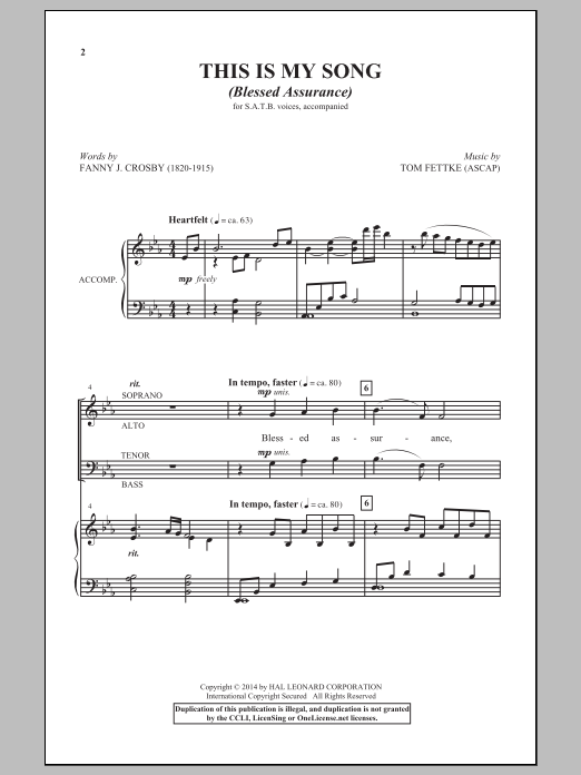 Tom Fettke This Is My Song (Blessed Assurance) sheet music notes and chords arranged for SATB Choir