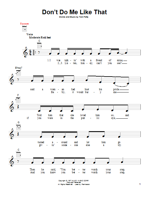 Tom Petty Don't Do Me Like That sheet music notes and chords arranged for Ukulele