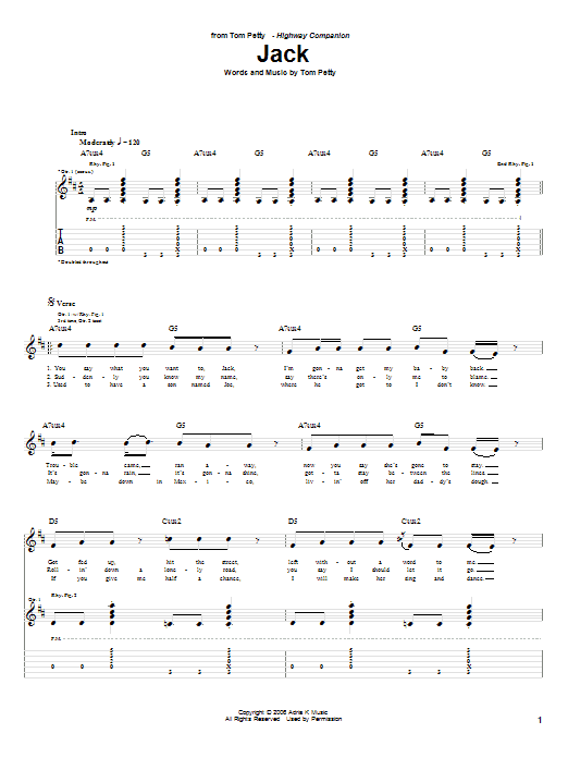 Tom Petty Jack sheet music notes and chords arranged for Guitar Tab