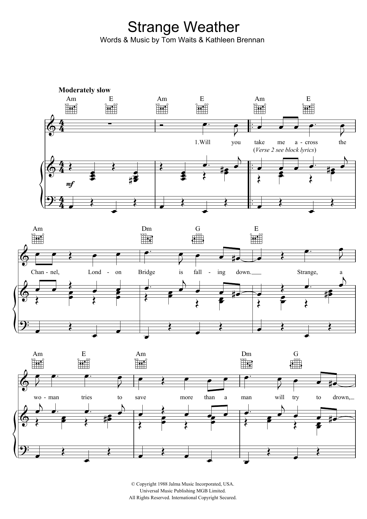 Tom Waits Strange Weather sheet music notes and chords arranged for Piano, Vocal & Guitar Chords