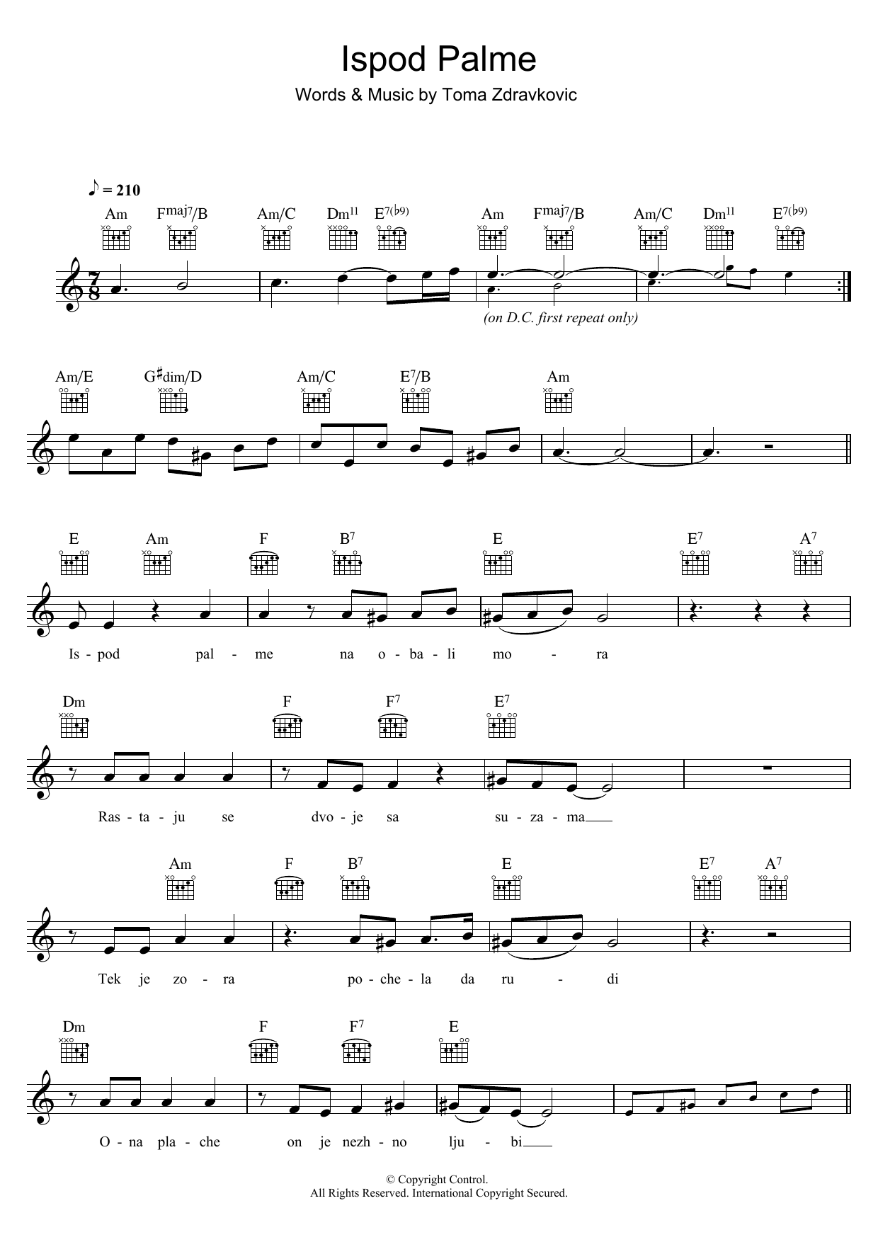 Toma Zdravkovic Ispod Palme sheet music notes and chords arranged for Lead Sheet / Fake Book