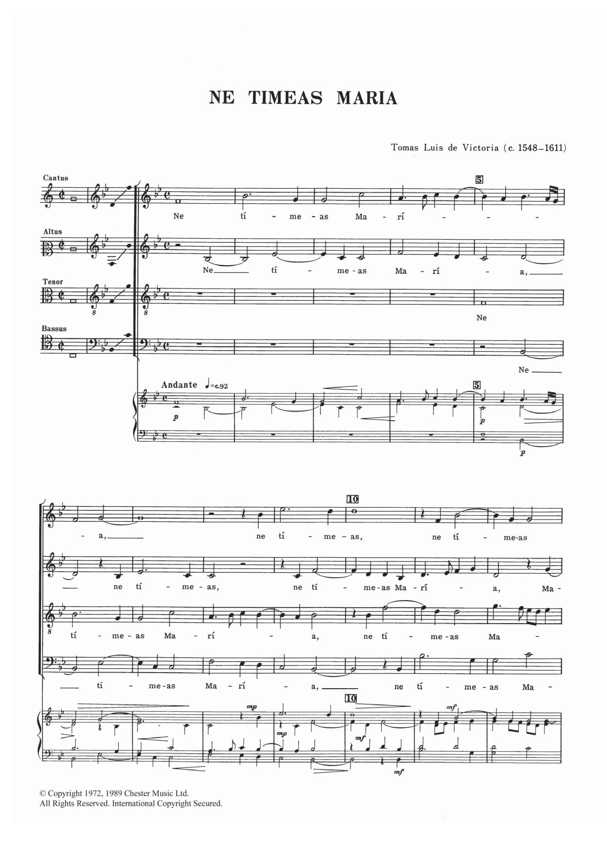 Tomas Luis De Victoria Ne Timeas Maria sheet music notes and chords arranged for SATB Choir
