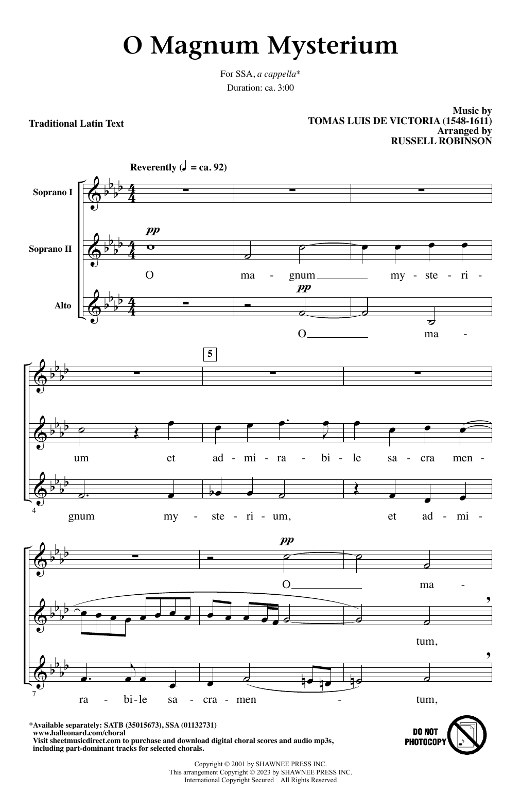 Tomas Luis De Victoria O Magnum Mysterium (arr. Russell Robinson) sheet music notes and chords arranged for SSA Choir