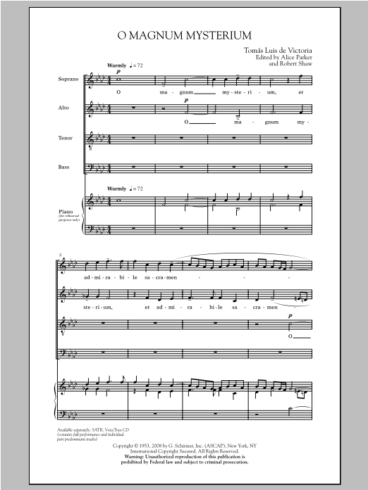 Robert Shaw O Magnum Mysterium sheet music notes and chords arranged for SATB Choir