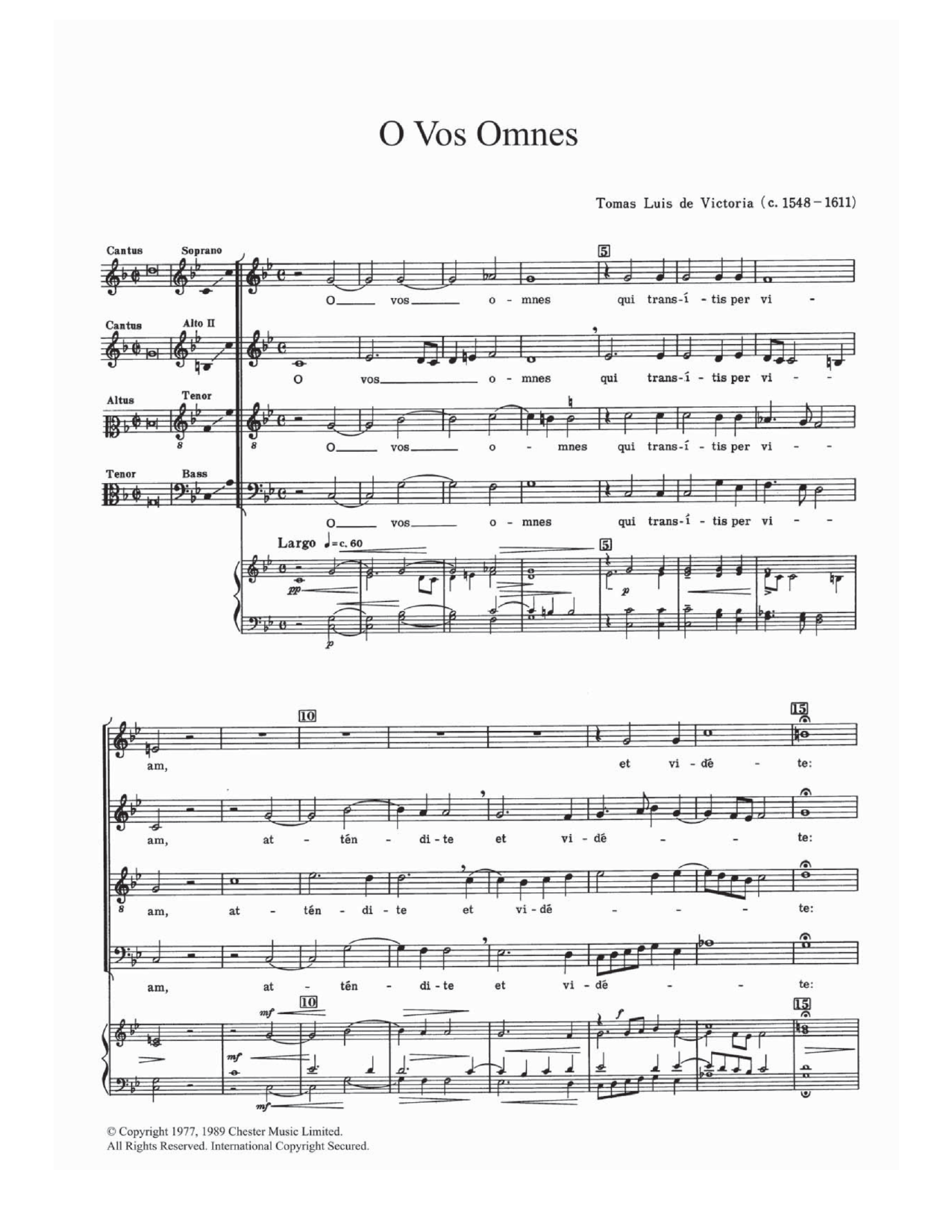 Tomàs Luis de Victoria O Vos Omnes sheet music notes and chords arranged for Choir