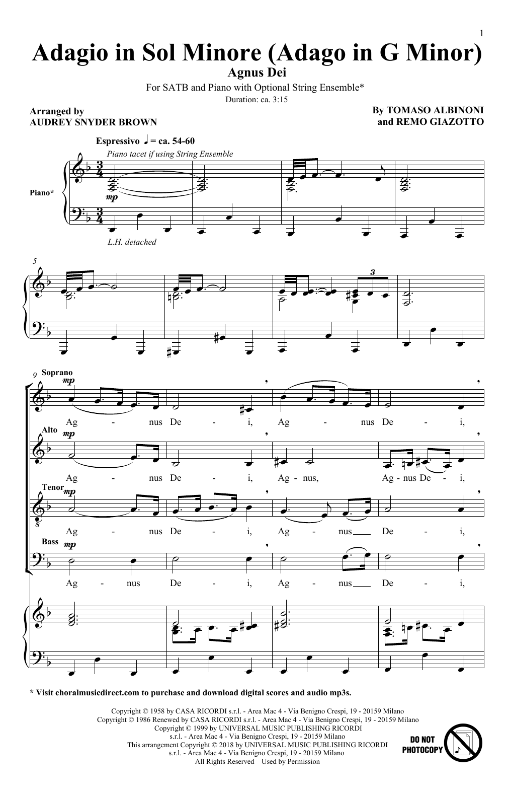 Tomaso Albinoni & Remo Giazotto Adagio In Sol Minore (Adagio In G Minor) (arr. Audrey Snyder) sheet music notes and chords arranged for SATB Choir