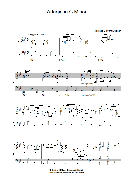 Tomaso Albinoni Adagio sheet music notes and chords arranged for Piano Solo