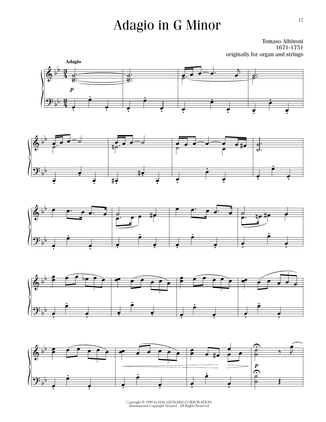 Tomaso Albinoni Adagio in G Minor sheet music notes and chords arranged for Piano Solo