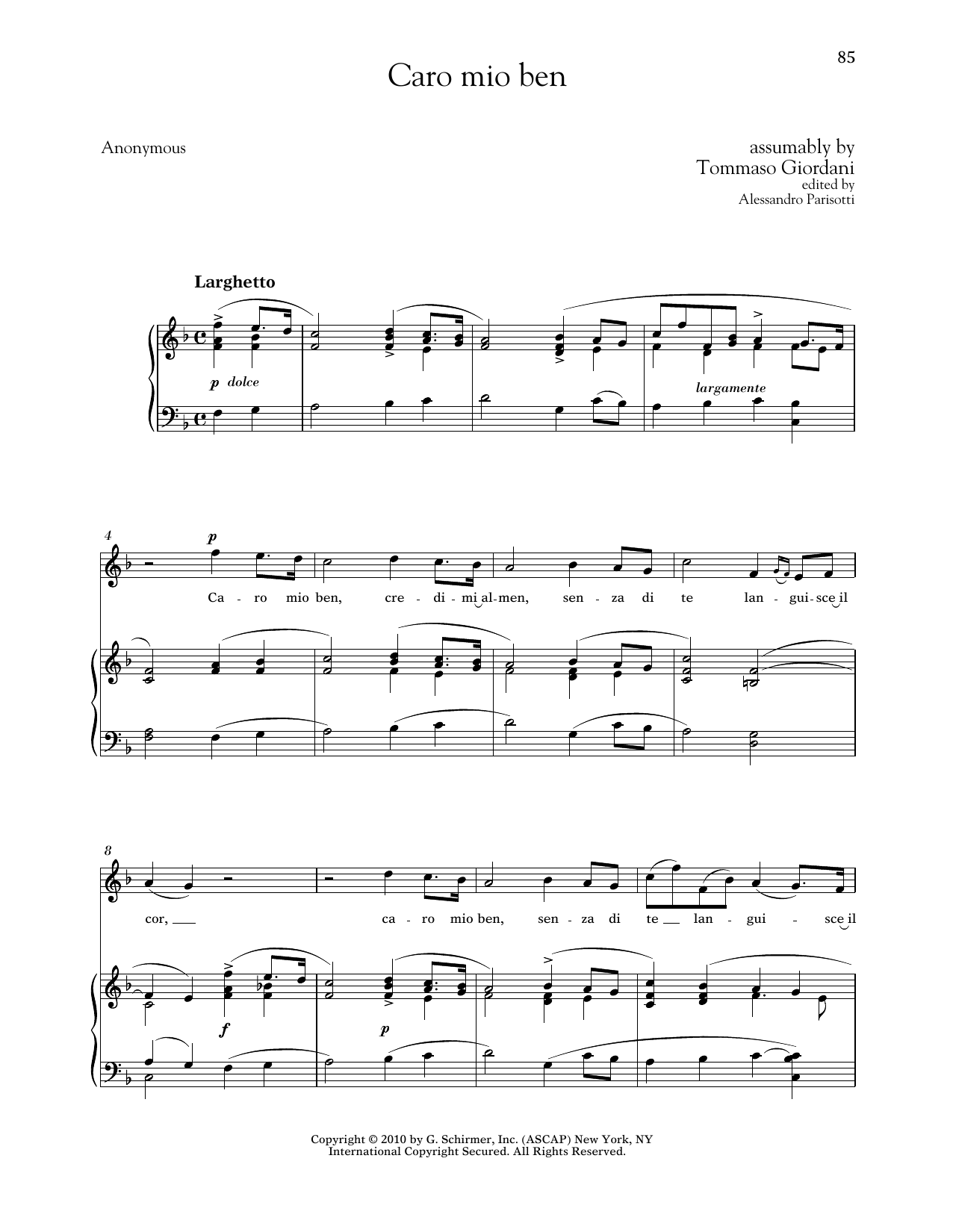 Tommaso Giordani Caro Mio Ben (High Voice) sheet music notes and chords arranged for Piano & Vocal
