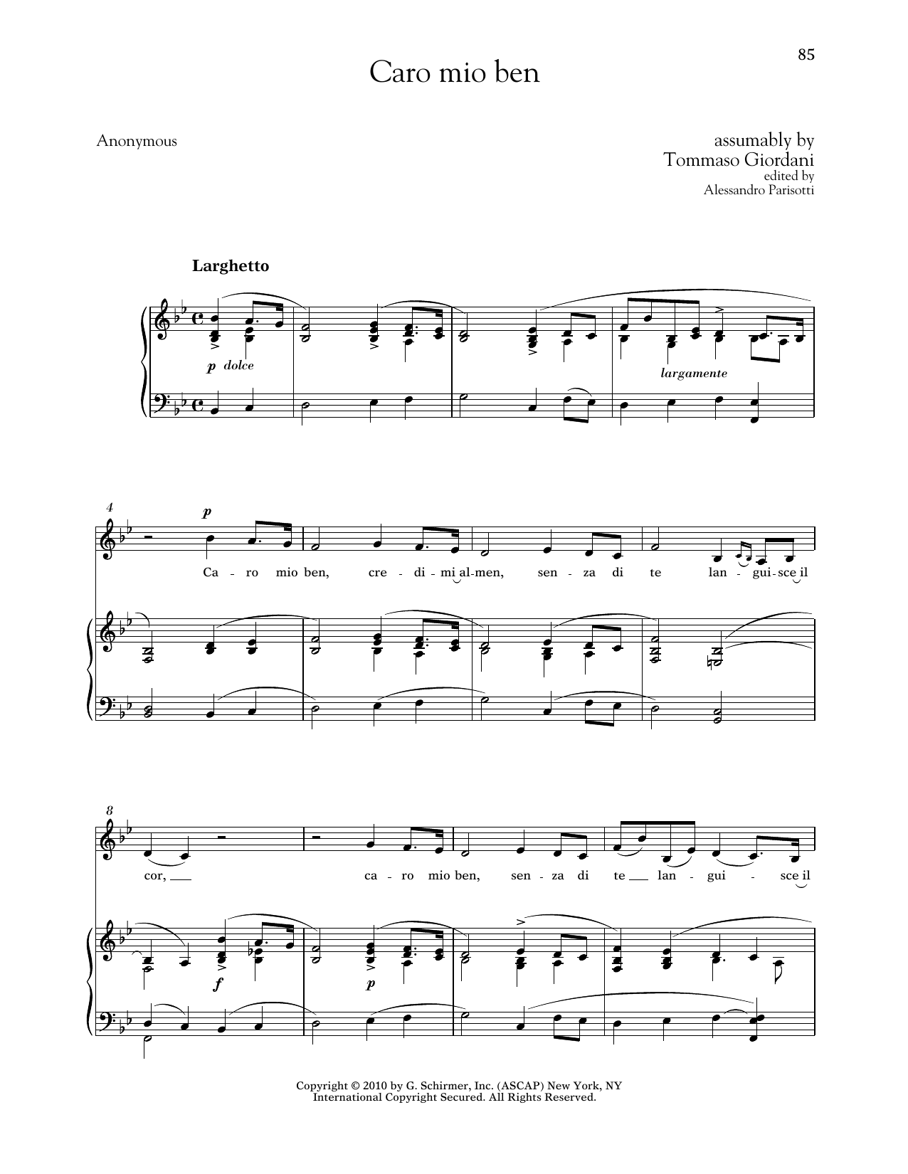 Tommaso Giordani Caro Mio Ben (Low Voice) sheet music notes and chords arranged for Piano & Vocal