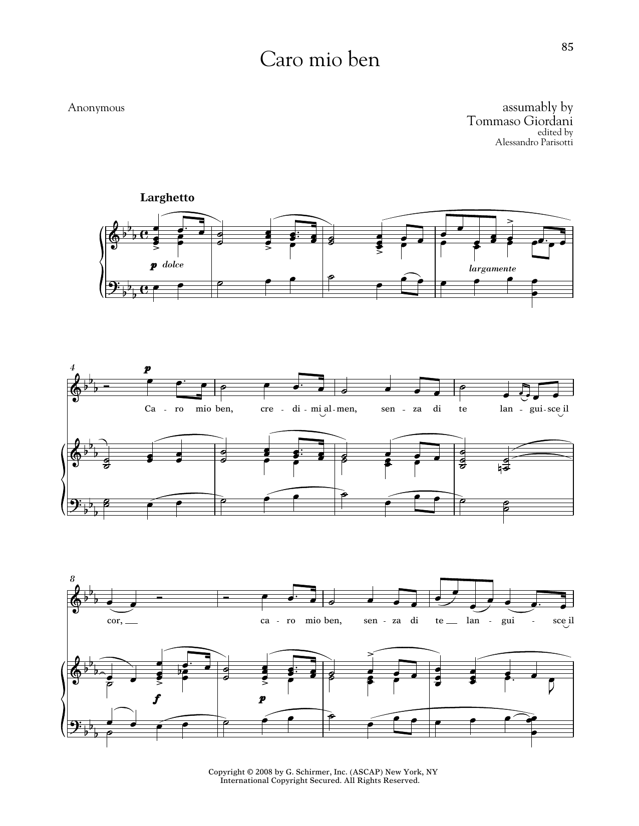 Tommaso Giordani Caro Mio Ben (Medium High Voice) sheet music notes and chords arranged for Piano & Vocal