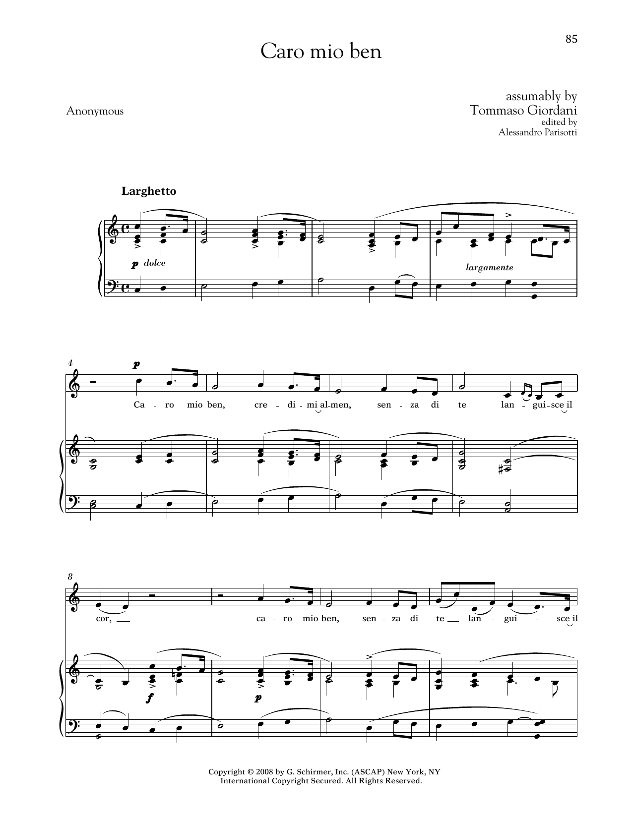 Tommaso Giordani Caro Mio Ben (Medium Low Voice) sheet music notes and chords arranged for Piano & Vocal