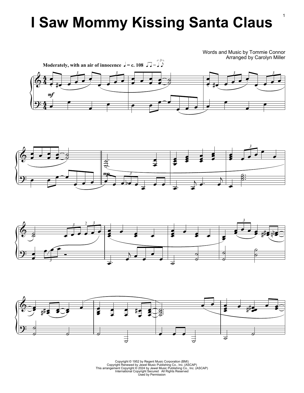 Tommie Connor I Saw Mommy Kissing Santa Claus (arr. Carolyn Miller) sheet music notes and chords arranged for Educational Piano