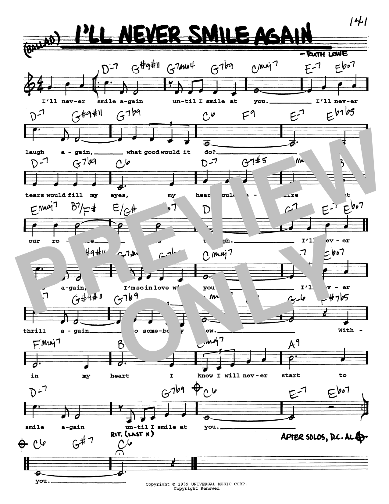 Tommy Dorsey & His Orchestra I'll Never Smile Again (Low Voice) sheet music notes and chords arranged for Real Book – Melody, Lyrics & Chords