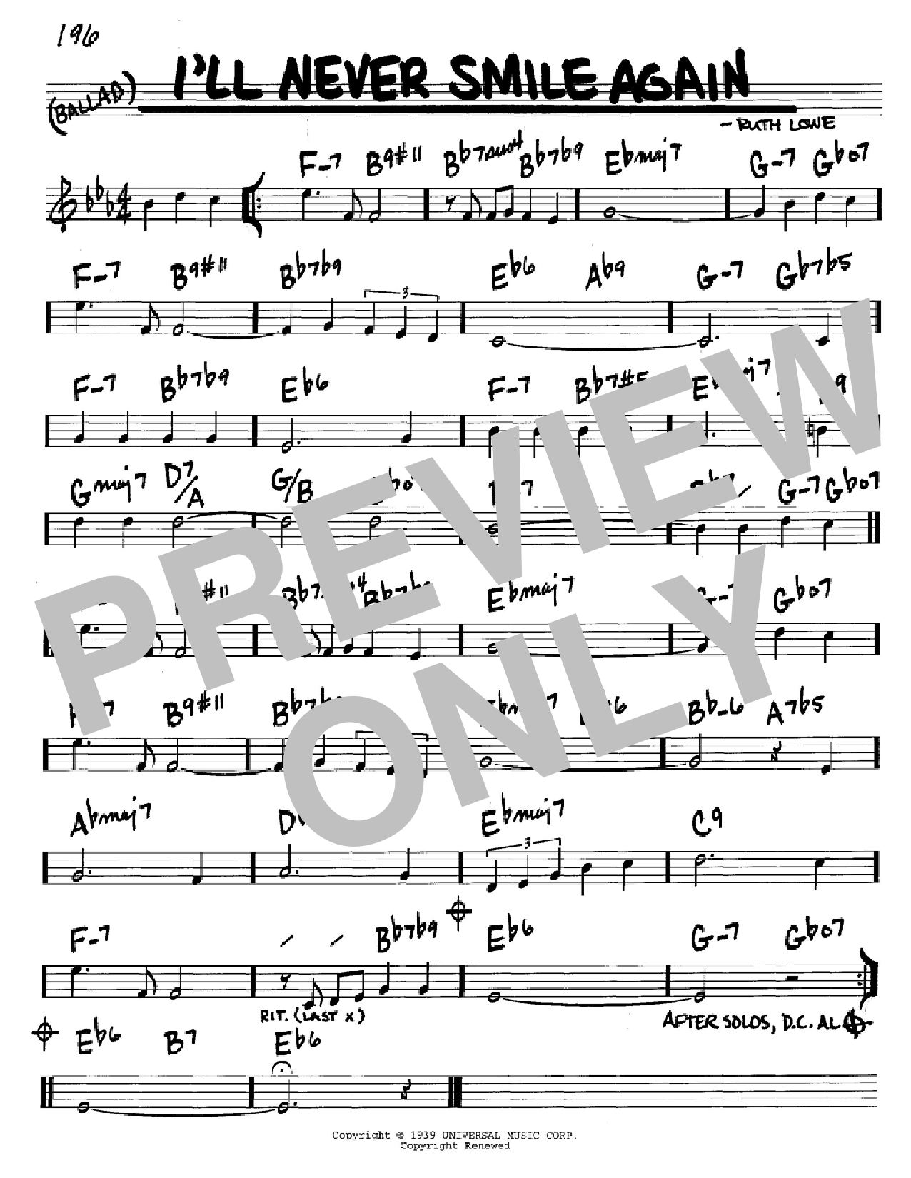 Tommy Dorsey I'll Never Smile Again sheet music notes and chords arranged for Real Book – Melody & Chords – C Instruments