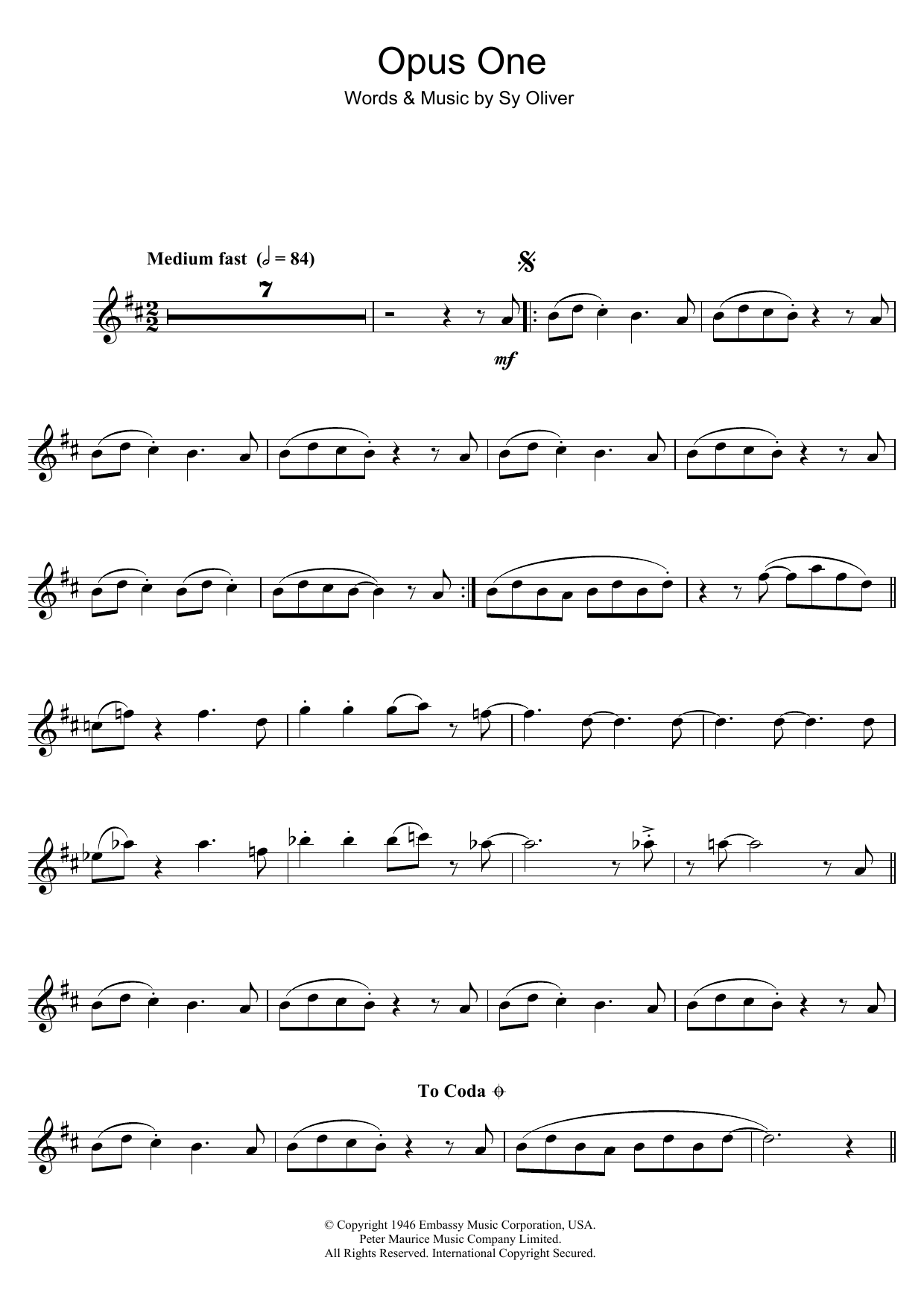Tommy Dorsey Opus One sheet music notes and chords arranged for Flute Solo