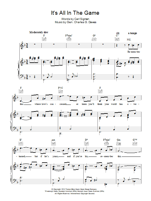 Tommy Edwards It's All In The Game sheet music notes and chords arranged for Piano, Vocal & Guitar Chords