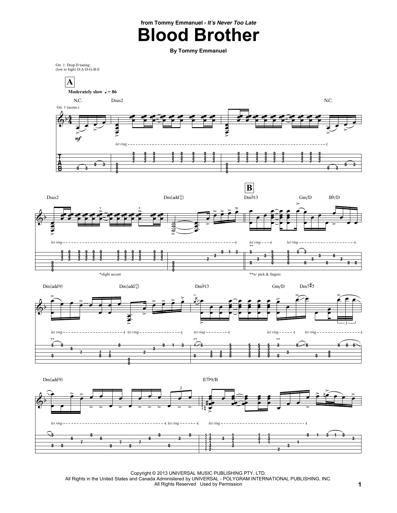 Tommy Emmanuel Blood Brother sheet music notes and chords arranged for Guitar Tab