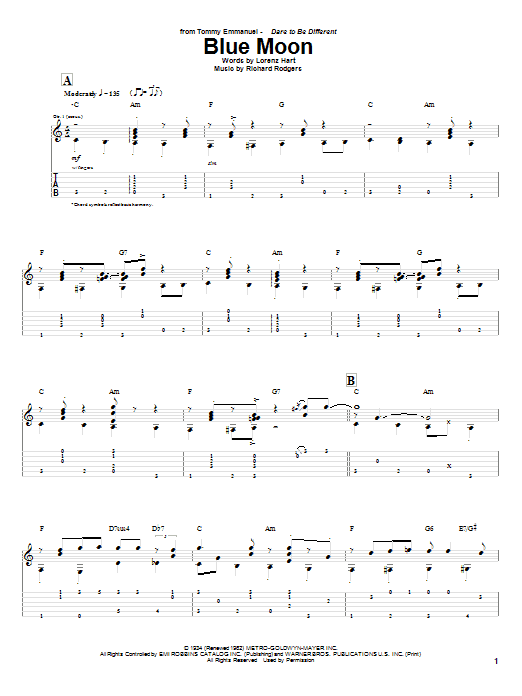 Tommy Emmanuel Blue Moon sheet music notes and chords arranged for Guitar Tab