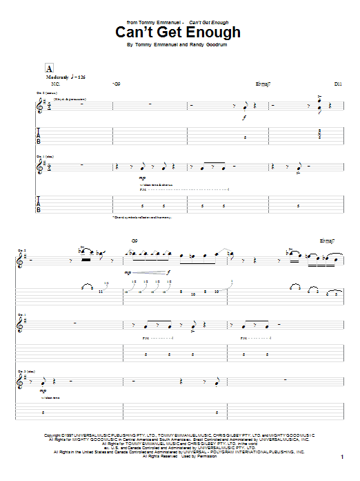 Tommy Emmanuel Can't Get Enough sheet music notes and chords arranged for Guitar Tab