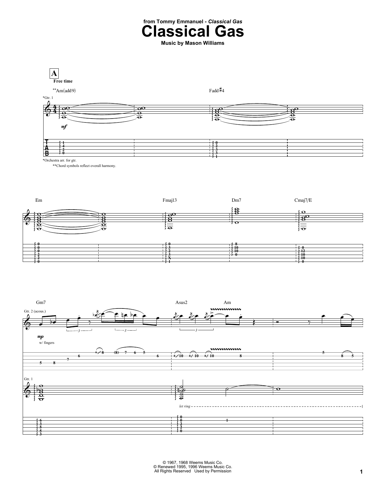 Tommy Emmanuel Classical Gas sheet music notes and chords arranged for Guitar Tab