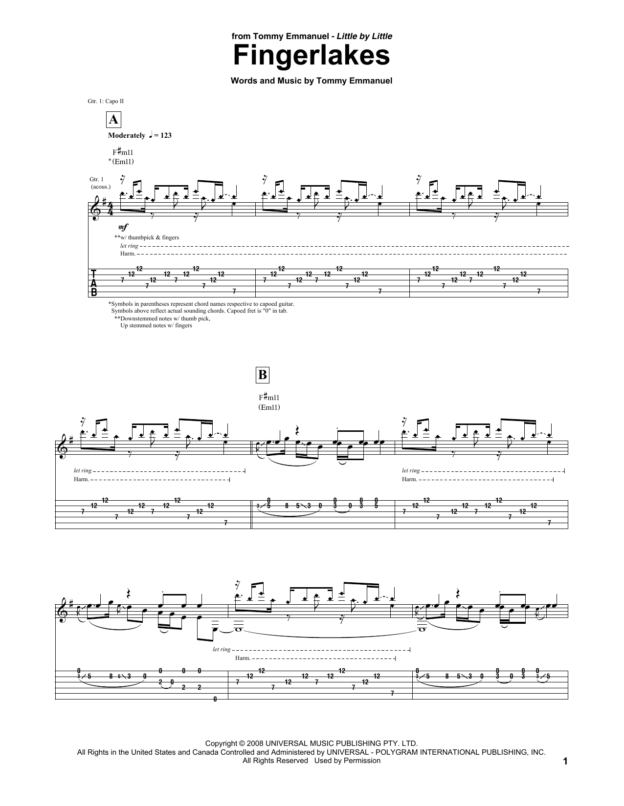 Tommy Emmanuel Fingerlakes sheet music notes and chords arranged for Guitar Tab
