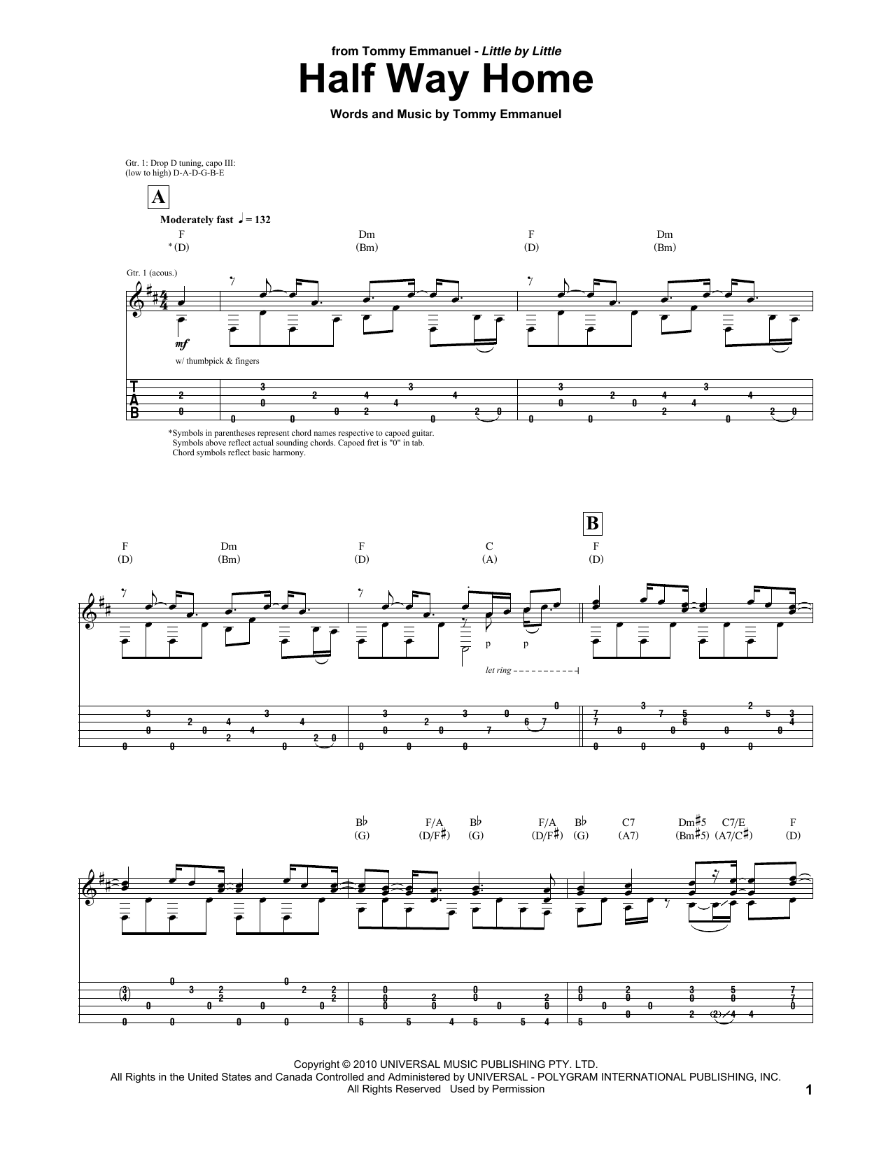 Tommy Emmanuel Half Way Home sheet music notes and chords arranged for Guitar Tab