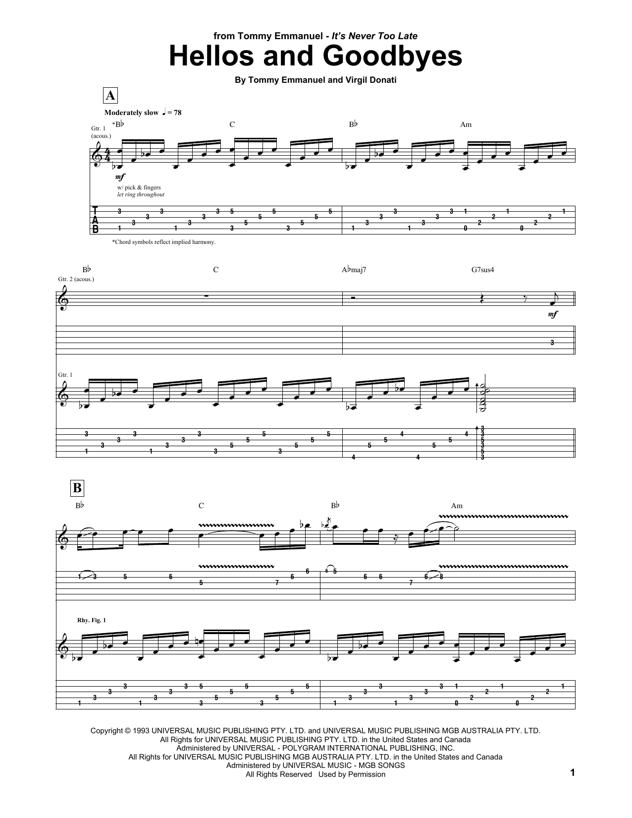 Tommy Emmanuel Hellos And Goodbyes sheet music notes and chords arranged for Guitar Tab