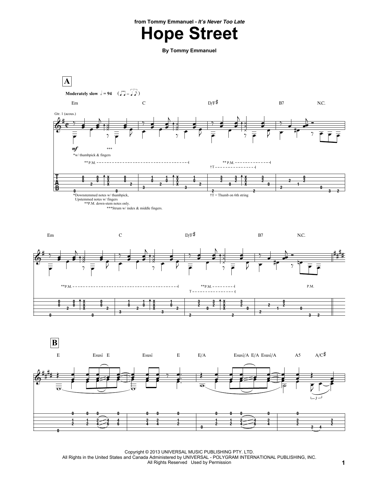 Tommy Emmanuel Hope Street sheet music notes and chords arranged for Guitar Tab