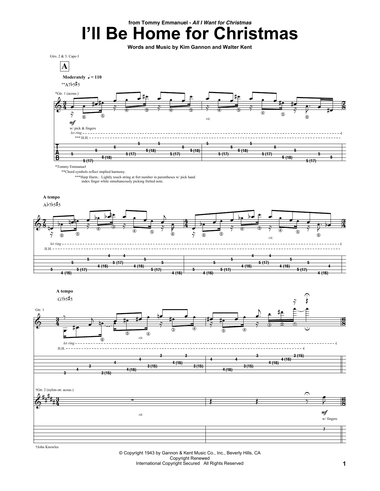 Tommy Emmanuel I'll Be Home For Christmas sheet music notes and chords arranged for Guitar Tab