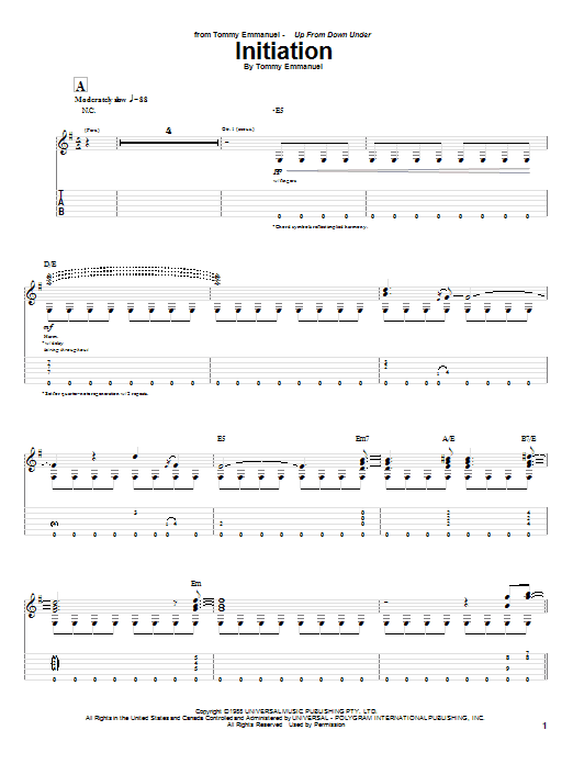 Tommy Emmanuel Initiation sheet music notes and chords arranged for Guitar Tab