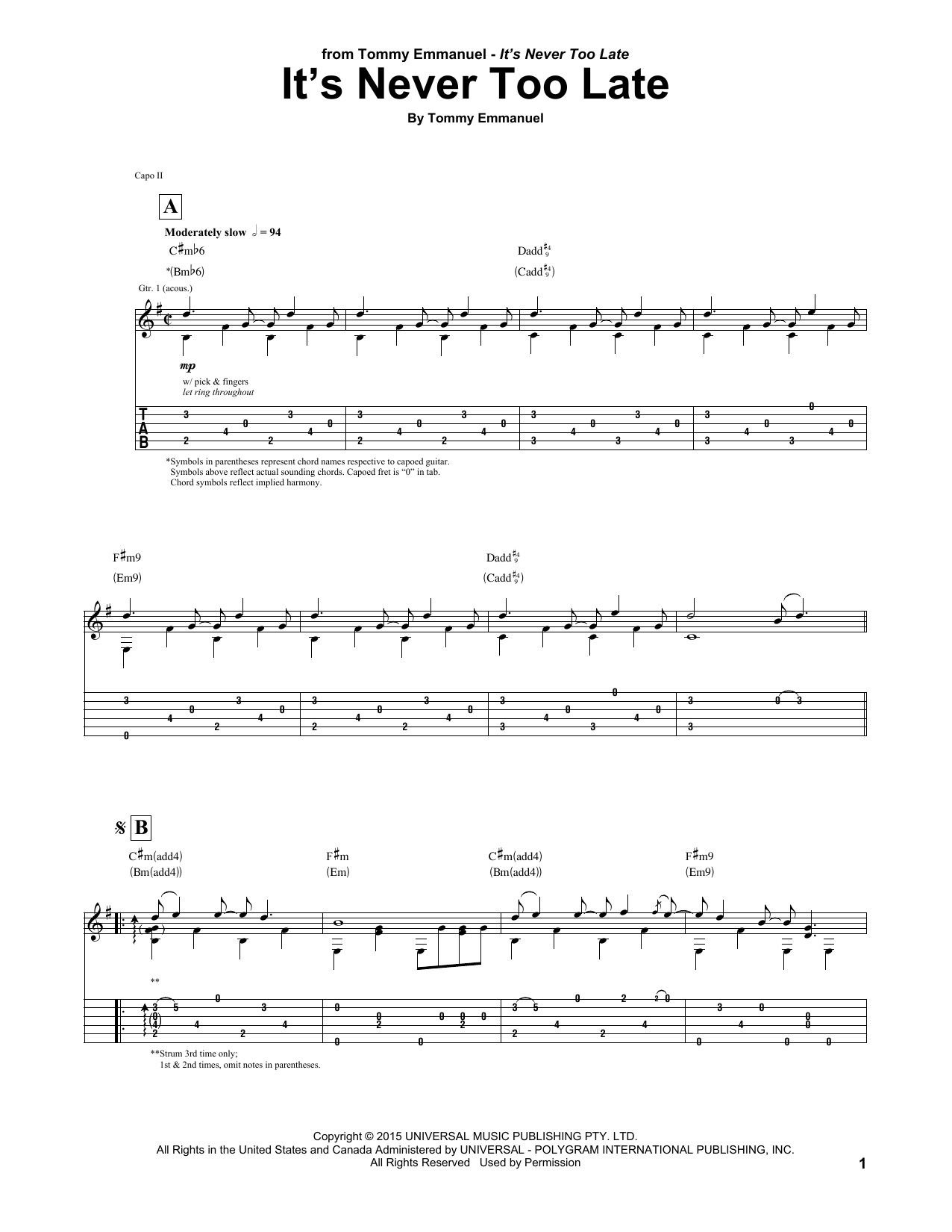 Tommy Emmanuel It's Never Too Late sheet music notes and chords arranged for Guitar Tab