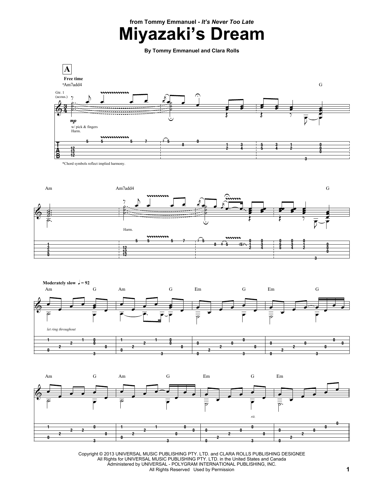 Tommy Emmanuel Miyazaki's Dream sheet music notes and chords arranged for Guitar Tab