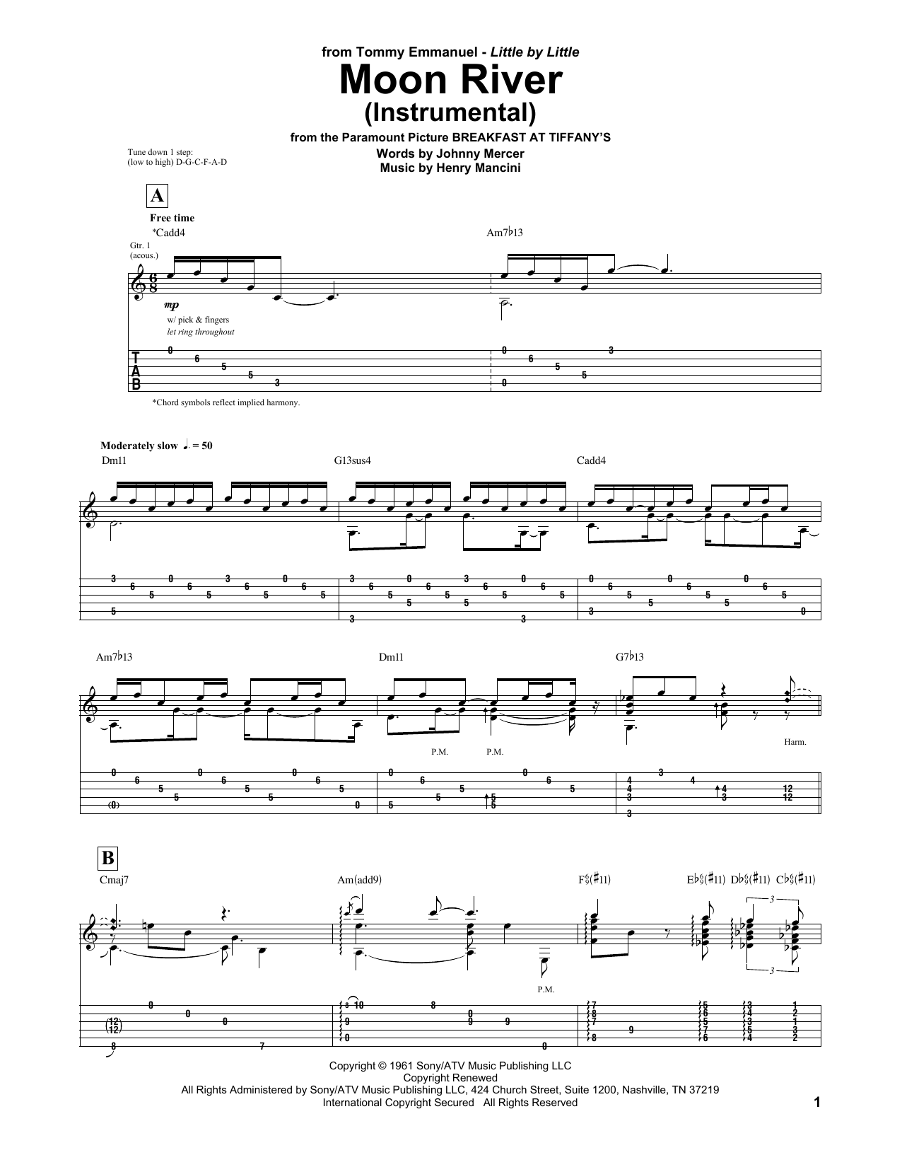 Tommy Emmanuel Moon River sheet music notes and chords arranged for Guitar Tab