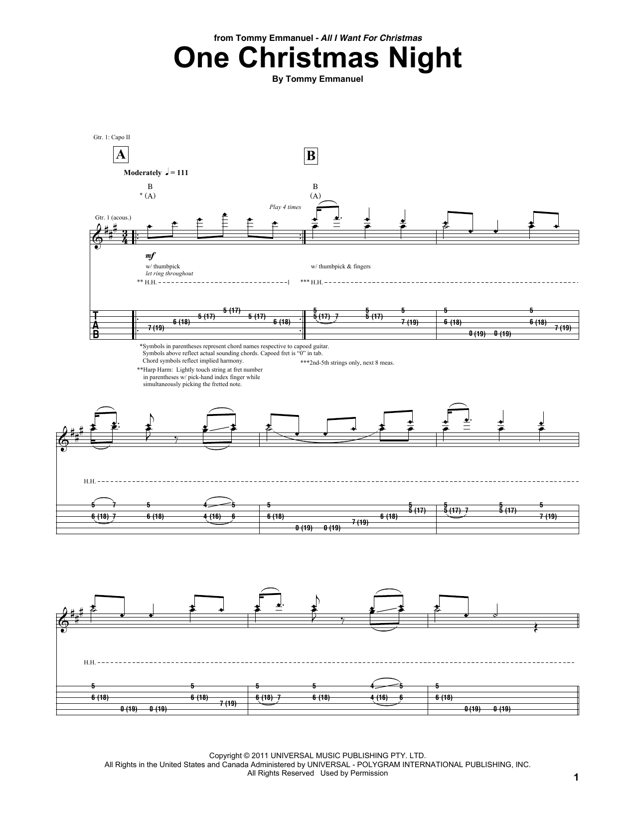 Tommy Emmanuel One Christmas Night sheet music notes and chords arranged for Guitar Tab