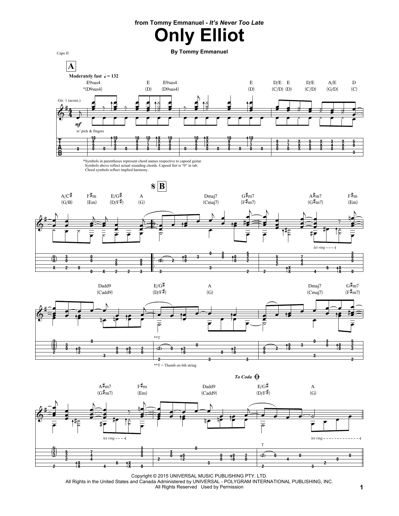 Tommy Emmanuel Only Elliot sheet music notes and chords arranged for Guitar Tab