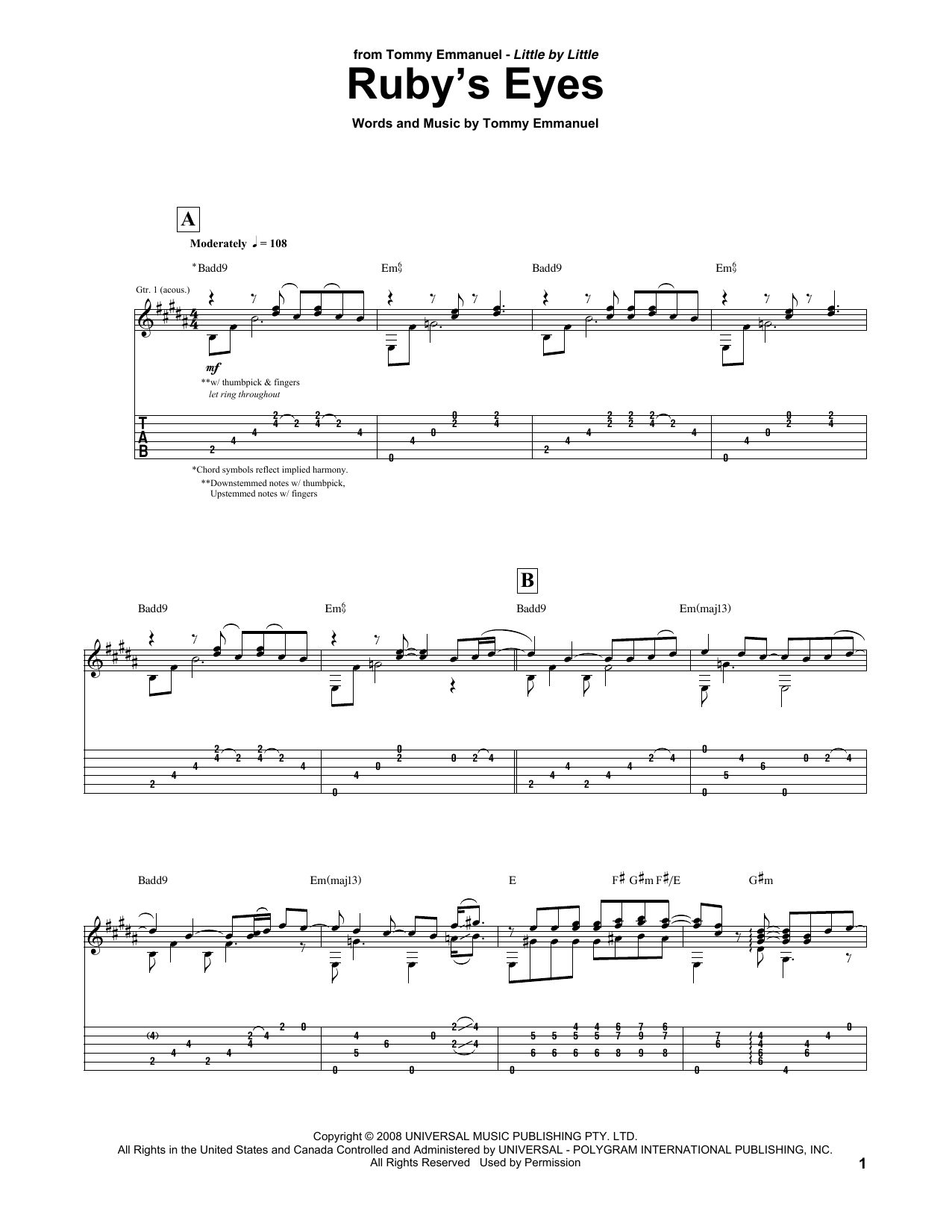 Tommy Emmanuel Ruby's Eyes sheet music notes and chords arranged for Guitar Tab