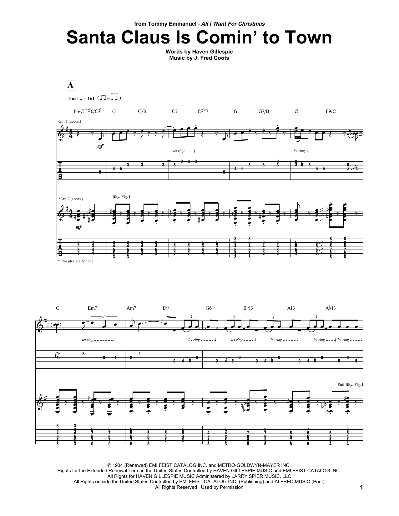 Tommy Emmanuel Santa Claus Is Comin' To Town sheet music notes and chords arranged for Guitar Tab