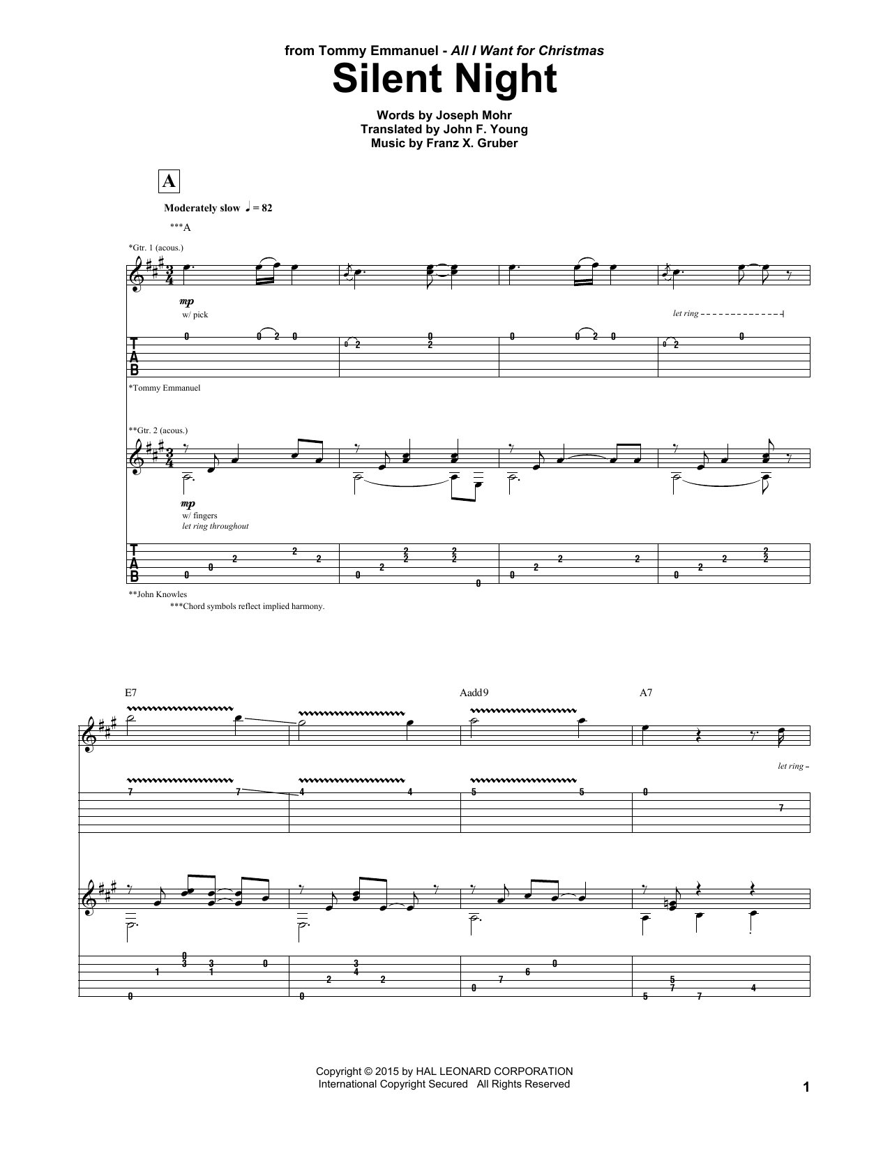 Tommy Emmanuel Silent Night sheet music notes and chords arranged for Guitar Tab