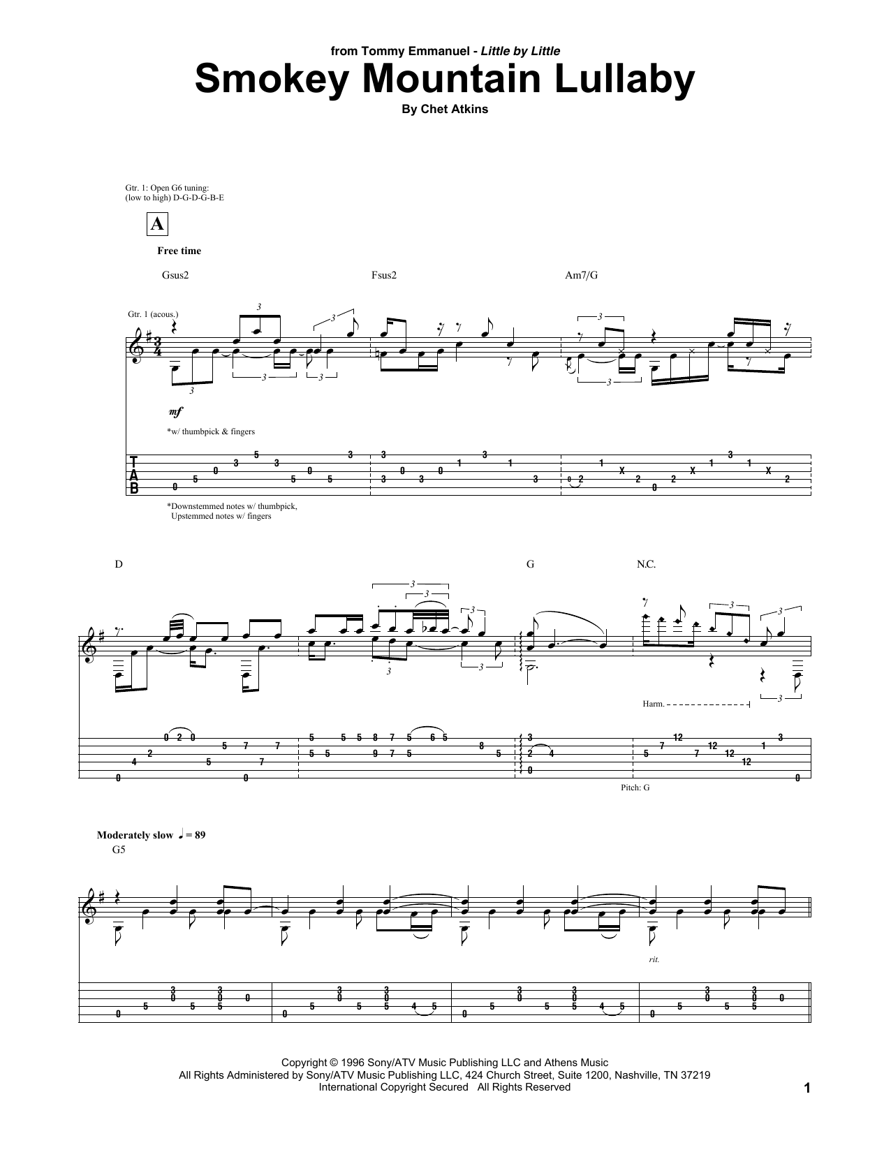 Tommy Emmanuel Smokey Mountain Lullaby sheet music notes and chords arranged for Guitar Tab