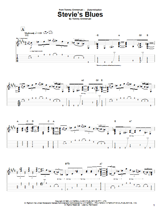 Tommy Emmanuel Stevie's Blues sheet music notes and chords arranged for Guitar Tab