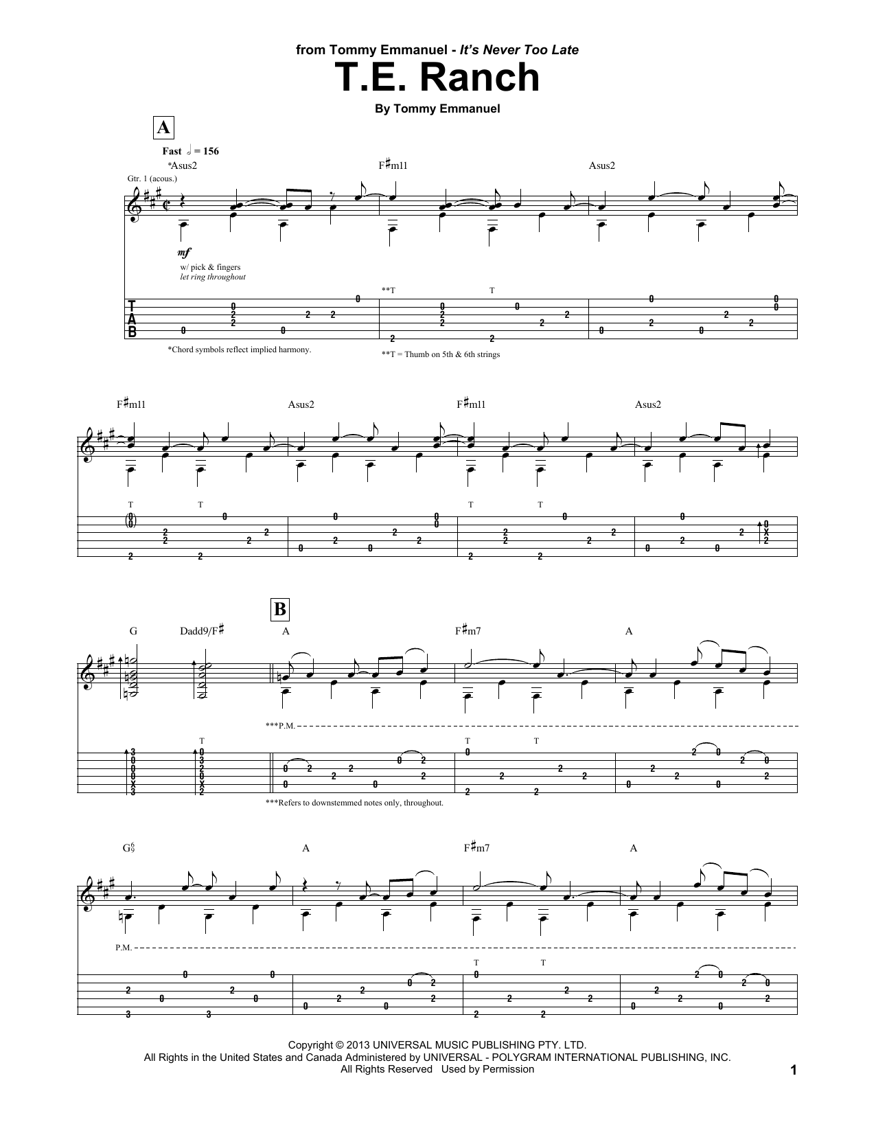 Tommy Emmanuel T.E. Ranch sheet music notes and chords arranged for Guitar Tab