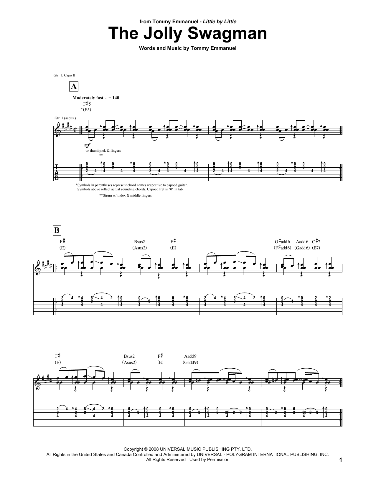 Tommy Emmanuel The Jolly Swagman sheet music notes and chords arranged for Guitar Tab