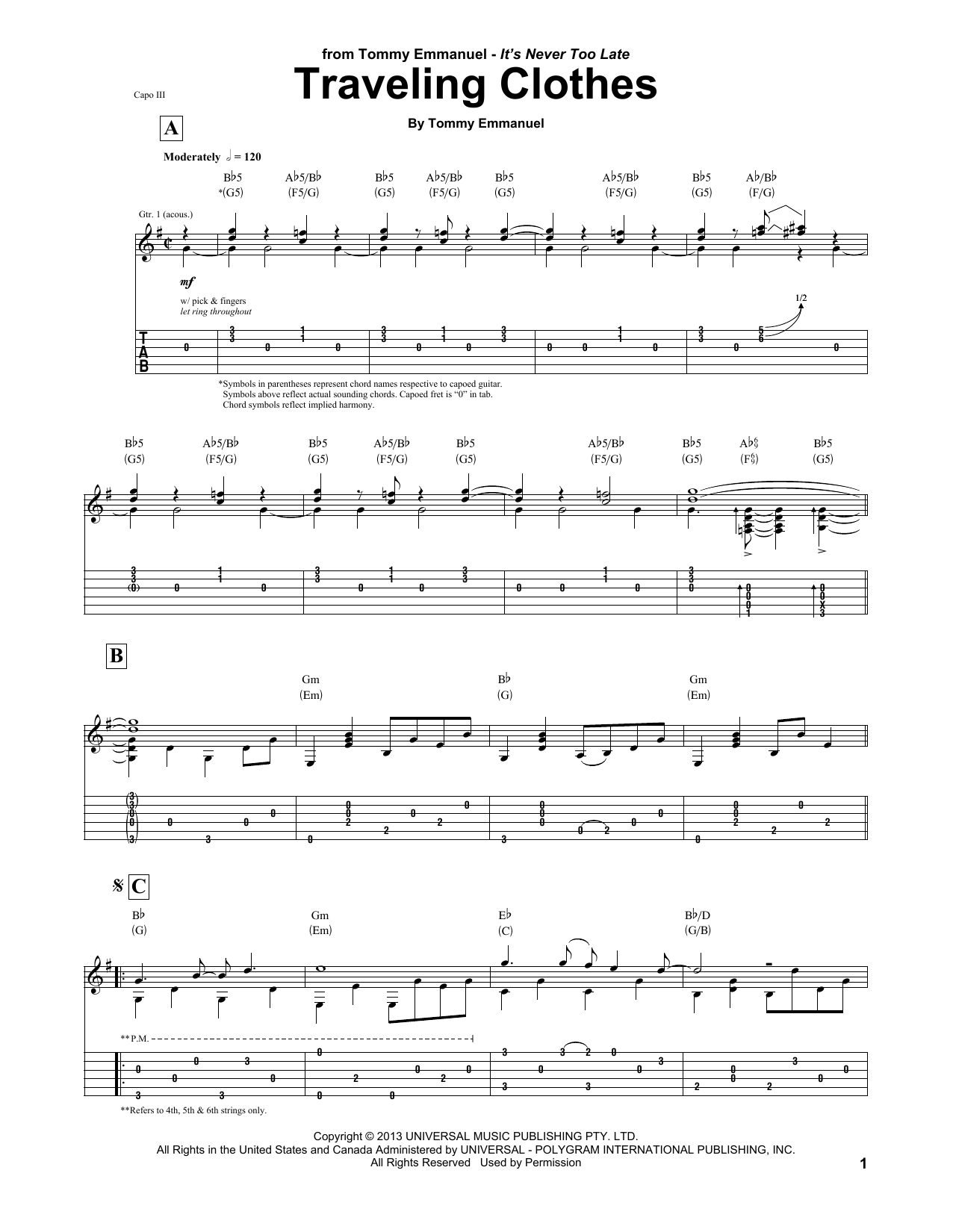 Tommy Emmanuel Traveling Clothes sheet music notes and chords arranged for Guitar Tab