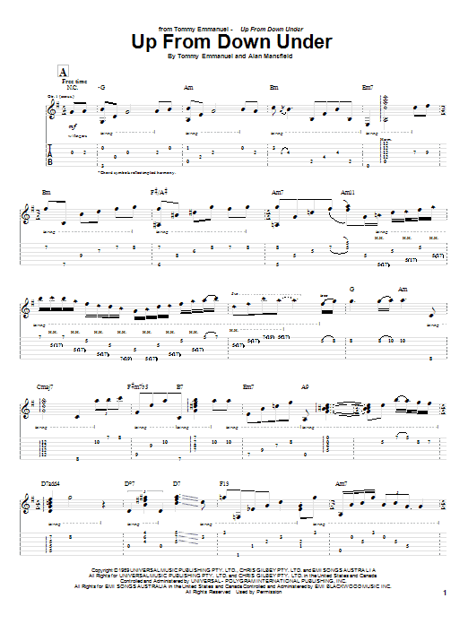 Tommy Emmanuel Up From Down Under sheet music notes and chords arranged for Guitar Tab