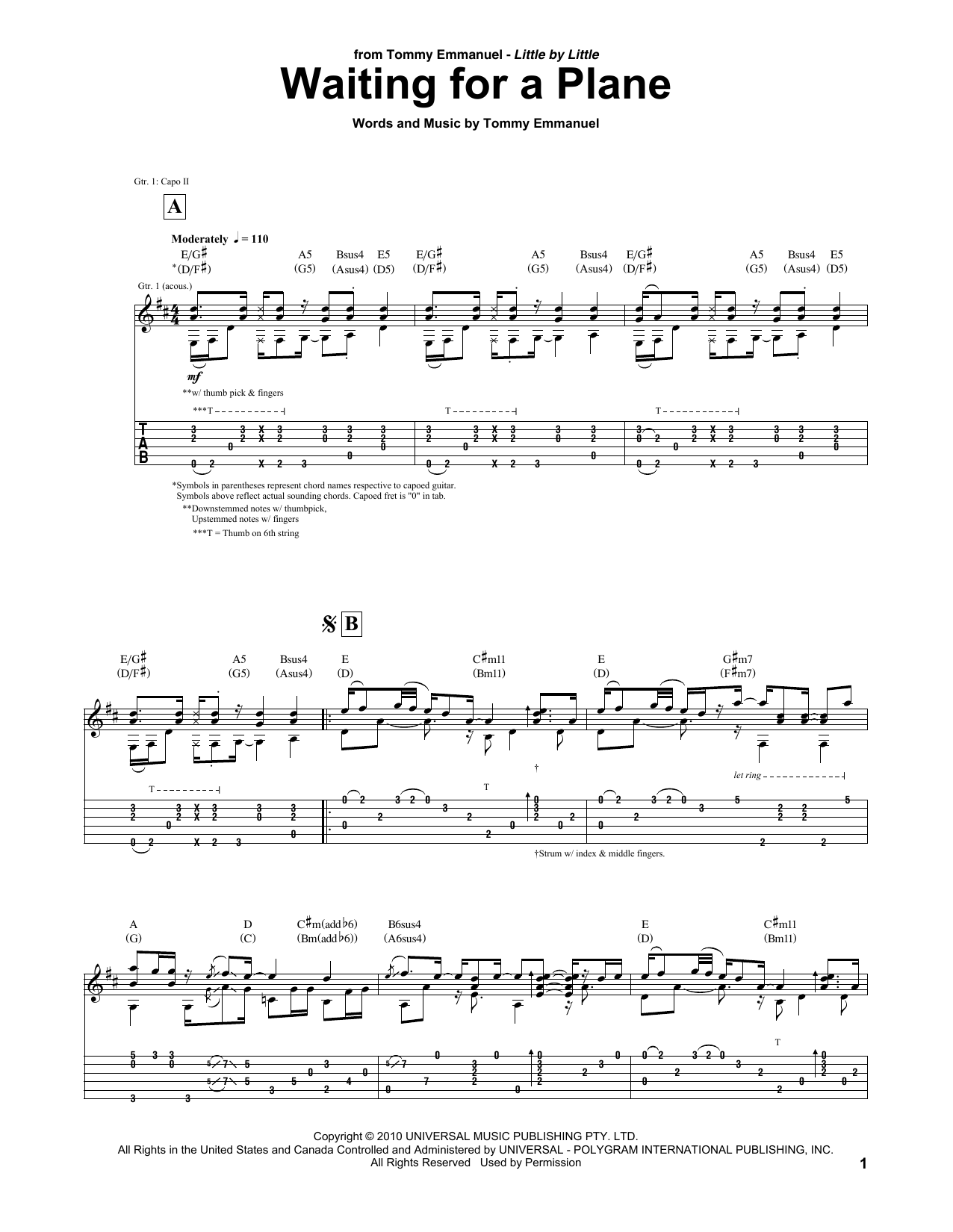 Tommy Emmanuel Waiting For A Plane sheet music notes and chords arranged for Guitar Tab
